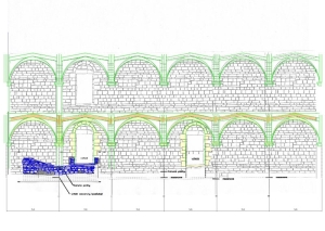 Bokorys románským palácem (dům 1). Kresba J. Růžička a P. Bartáček