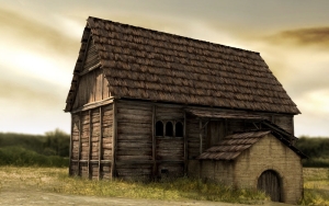 Rekonstrukce románského dřevohliněného domu 3 se zděnou vstupní šíjí. Kresba P. Zoch