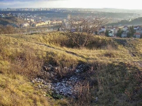 Neklidný terén s reliéfními relikty zaniklého palácového jádra. V pozadí prosedlý interiér velké věže hradu. Foto J. Laurin