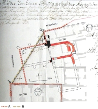 Část plánu z roku 1677 na výměnu pozemků mezi malostranskou obcí a dominikány se zakreslením půdorysu středověkého kostela a s podkladem současného stavu. A – starší stav, B – narovnaná hranice  (podle Jana Havrdy a Michala Trymla)