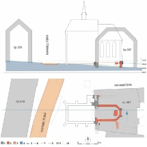 Rekonstrukce půdorysu a řezu gotického kostela sv. Maří Magdalény kláštera magdalenitek. 