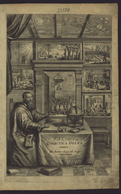 Mědirytinový předtitul sebraných didaktických spisů Komenského vydaných v Amsterodamu 1657