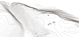 Situace první stavební fáze Pražského hradu na rekonstruovaném reliéfu hradčanského hřbetu.  1 – Jiřské náměstí; 2 – III. nádvoří; 3 – mauzoleum/kostel Panny Marie; 4 – hypotetické umístění předpokládaného zaniklého kostela. Podle Jany Maříkovové­‑Kubkové