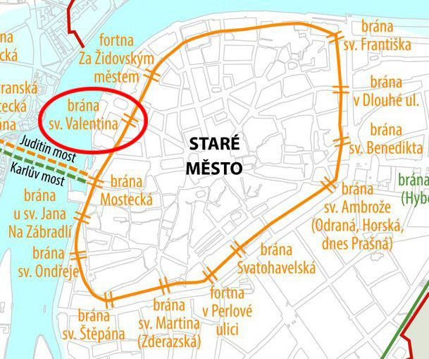 Schéma vrcholně středověkého opevnění Starého Města pražského