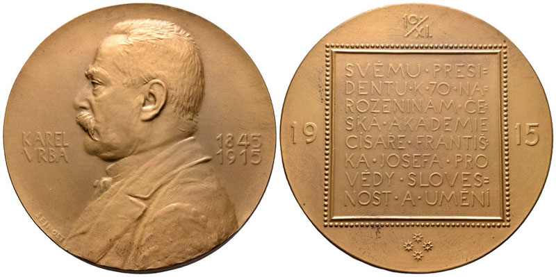 Pamětní bronzová medaile – 70. let Karla Vrby, 1915,  Česká akademie věd, autor Josef Šejnost