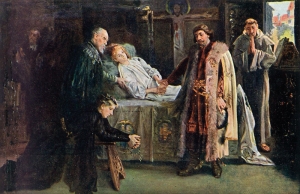 Ladislav Pohrobek umírající děkuje Jiřímu z Poděbrad,  J. Skramlík, asi 1905